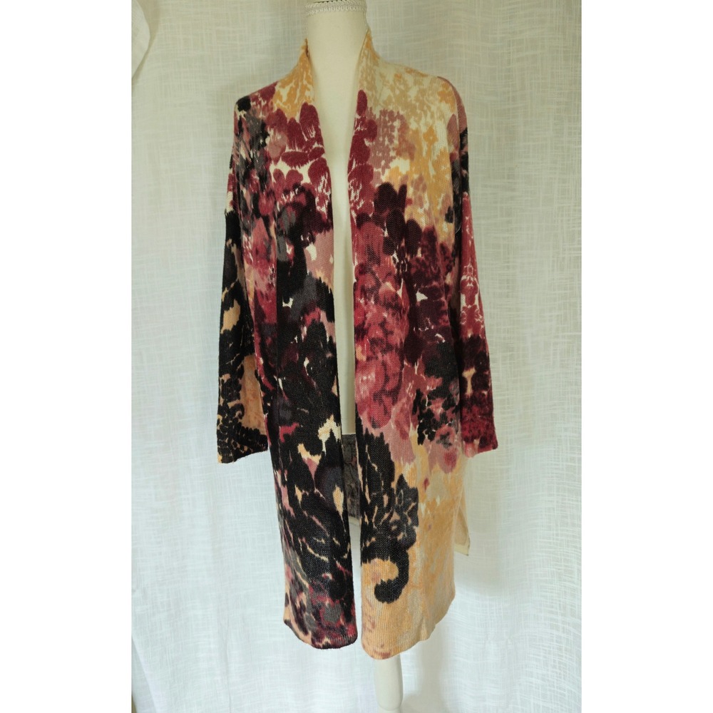 Chico's Cardigan Women M Multicolor Abstract Floral Long Open Front Earthy Fall - Picture 2 of 6